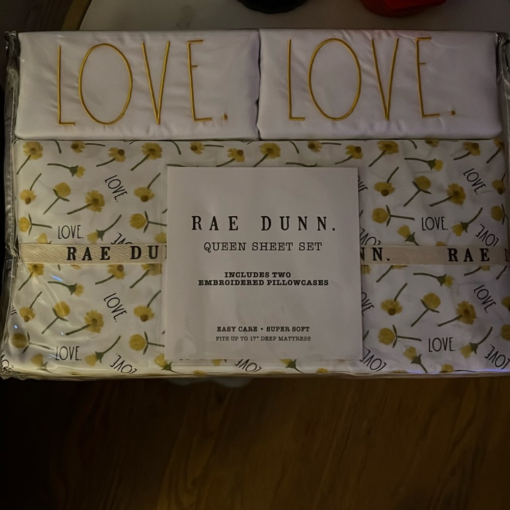 Rae Dunn Queen Sheet Set - White with Yellow Floral Design